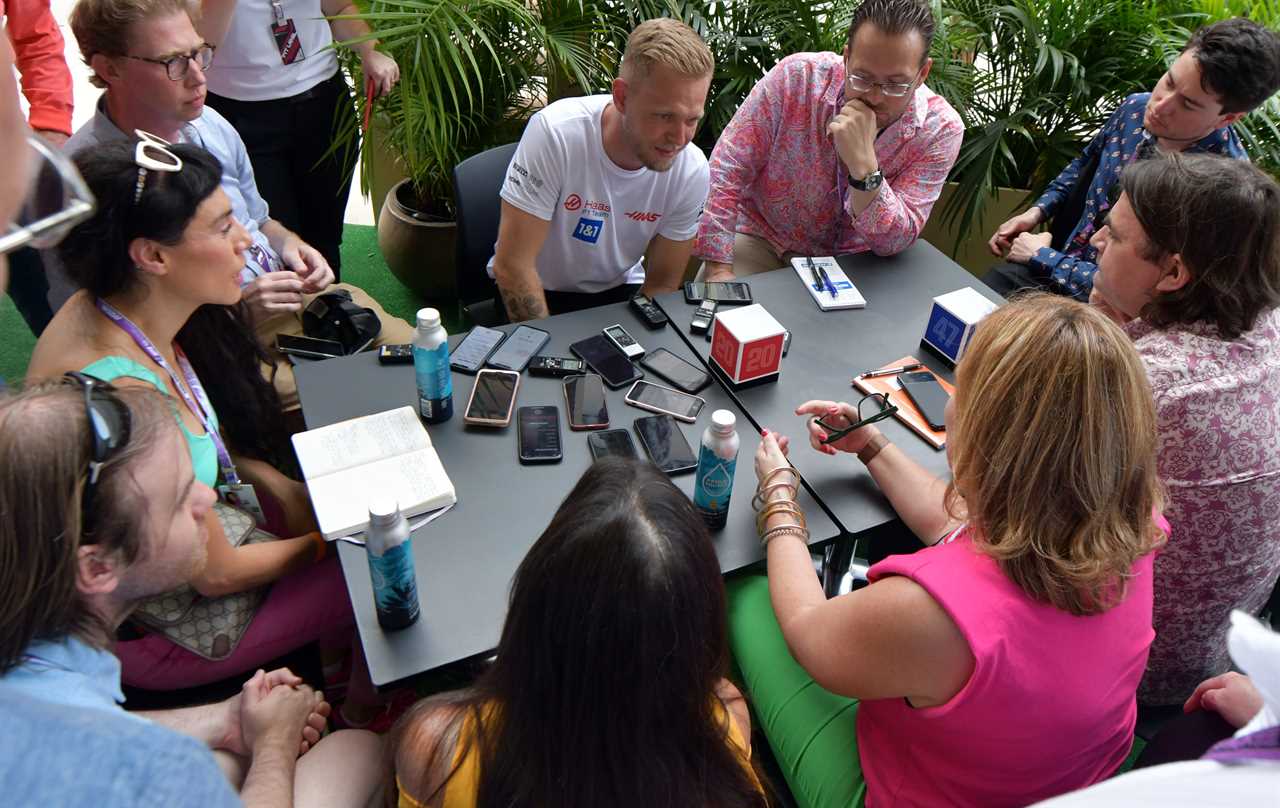 Haas F1 Team driver Kevin Magnussen talks to the media Thursday in Miami Gardens.