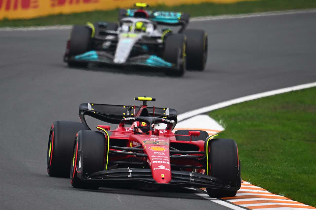 A Ferrari and Mercedes-Benz Formula 1 car before the new 2022 mid-season rule change.
