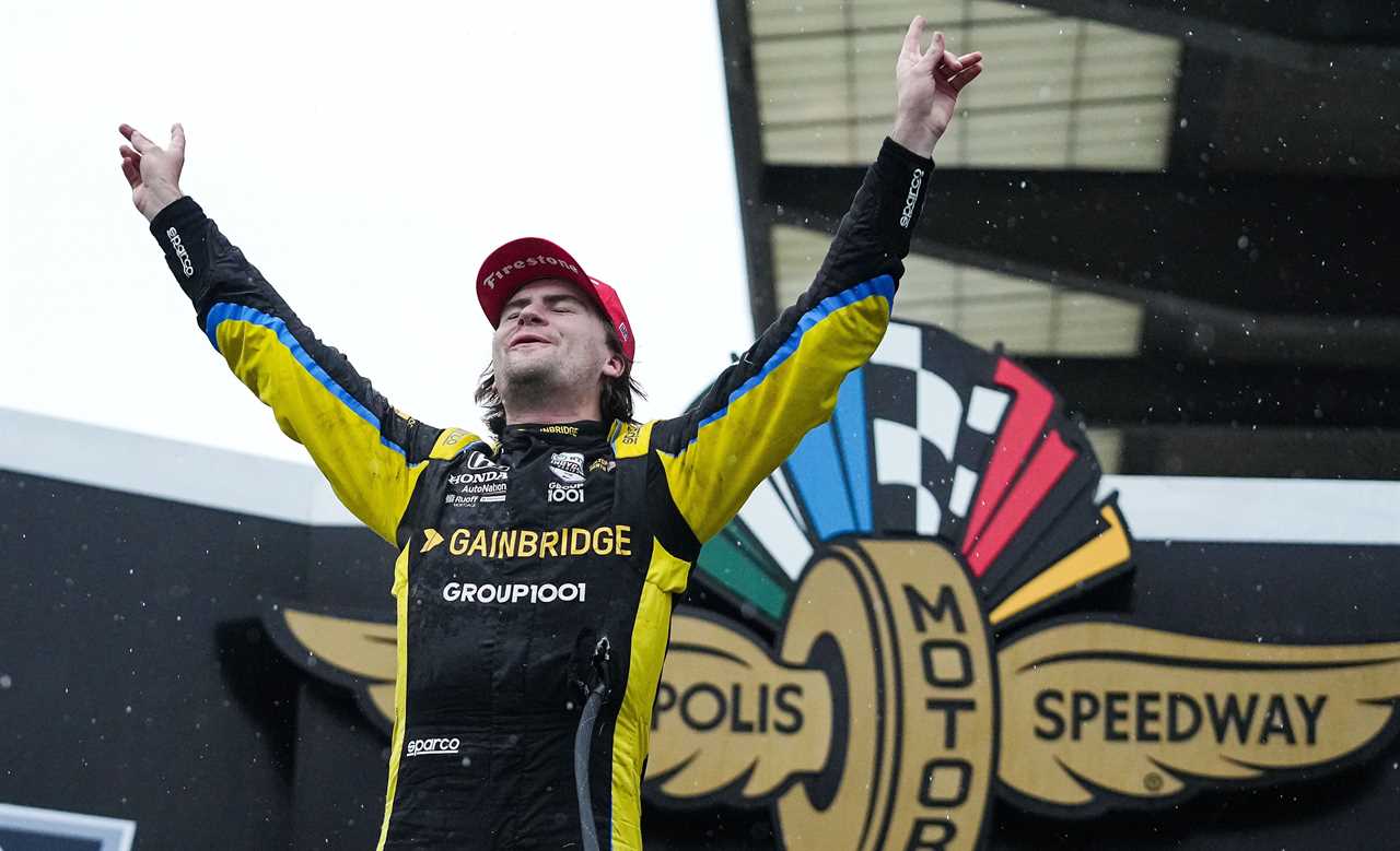 Andretti Autosport with Curb-Agajanian driver Colton Herta (26) celebrates winning the GMR Grand Prix on Saturday, May 14, 2022, Indianapolis Motor Speedway in Indianapolis.