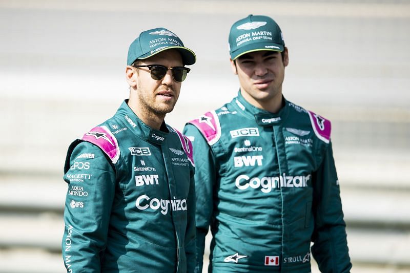 Sebastian Vettel and Lance Stroll of Aston Martin F1 Team look on. Photo: Mark Thompson/Getty Images.