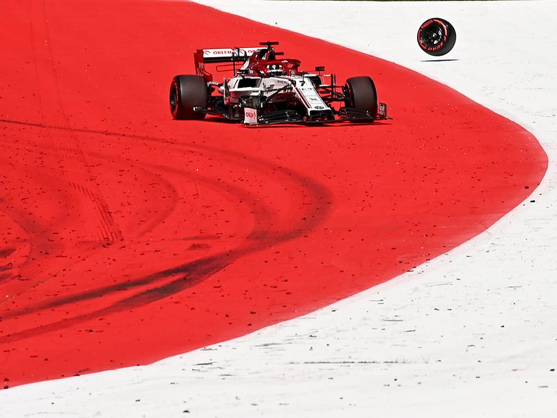 Alfa Romeo's Kimi Raikkonen loses his front wheel during the Austrian Grand Prix 