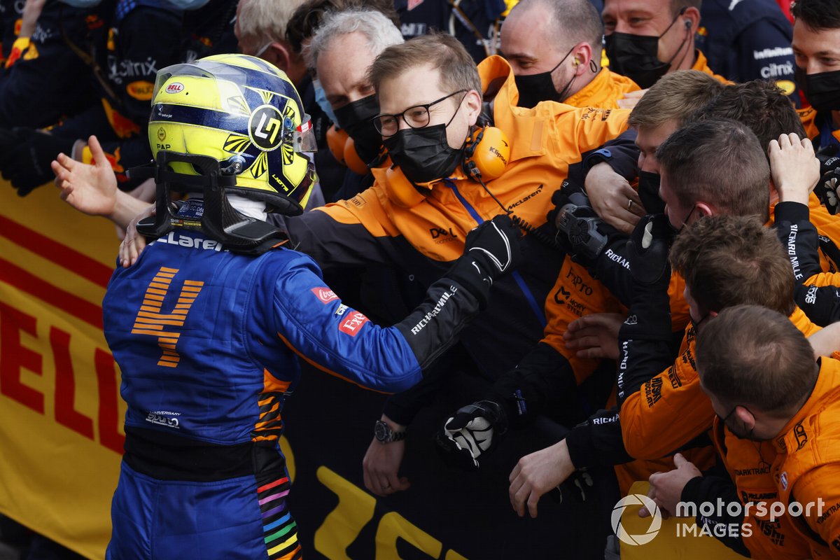 Lando Norris, McLaren, 2nd position, celebrates with Andreas Seidl, Team Principal, McLaren, and his team in Parc Ferme