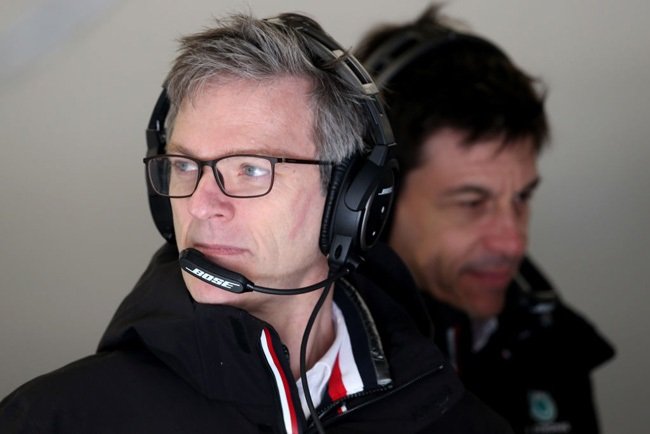 James Allison, Technical Director at Mercedes GP and Mercedes GP Executive Director Toto Wolff look on in the garage during day two of F1 Winter Testing at Circuit de Barcelona-Catalunya on February 20, 2020 in Barcelona, Spain.