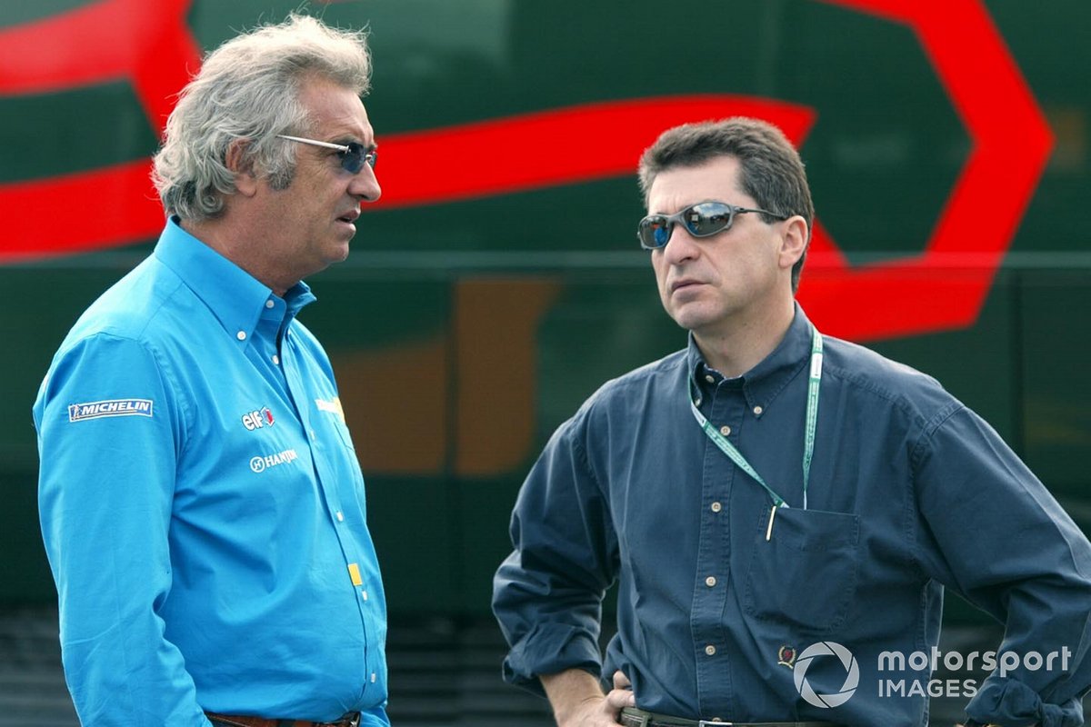 Flavio Briatore, Renault F1 team manager, speaks to Julian Jakobi