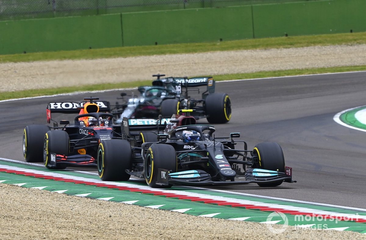 Valtteri Bottas, Mercedes W12, Max Verstappen, Red Bull Racing RB16B and Lance Stroll, Aston Martin AMR21