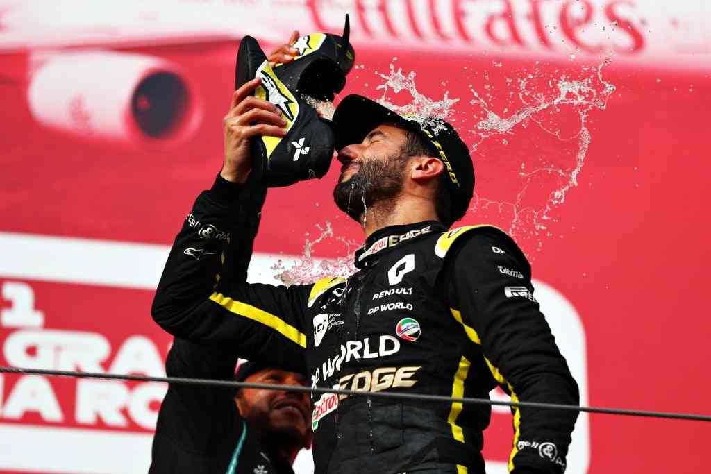 Third-placed Daniel Ricciardo from Australia and Renault Sport F1 celebrate with a shoe on the podium at the F1 Grand Prix of Emilia Romagna at the Autodromo Enzo and Dino Ferrari on November 1, 2020 in Imola, Italy. 