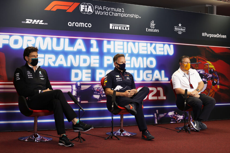 Toto Wolff (L), Executive Director of the Mercedes GP, Christian Horner (M), Red Bull Racing Team Principal, and Zak Brown (R), Chief Executive Officer of McLaren, speak at Autodromo during practice before the F1 Grand Prix of Portugal the press conference of the Team Principals Internacional Do Algarve on April 30, 2021 in Portimao, Portugal. 