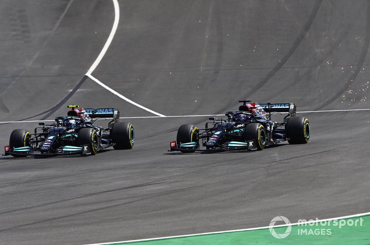 Lewis Hamilton, Mercedes W12, fights with Valtteri Bottas, Mercedes W12