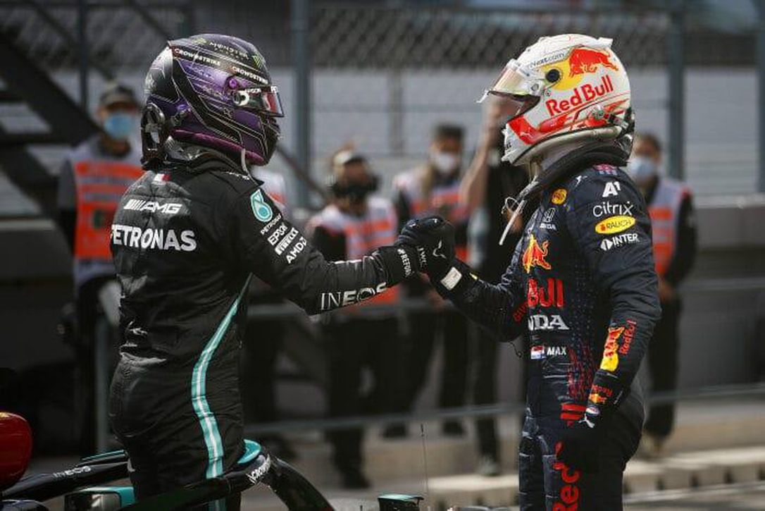 Max Verstappen congratulates Lewis Hamilton after the Grand Prix of Portugal.