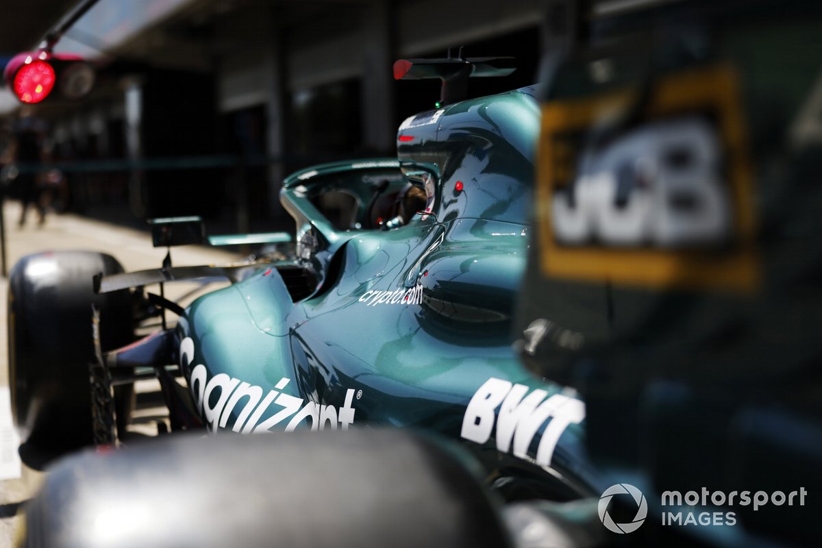 Cognizant, Crypto.com, BWT and JCB branding on an Aston Martin AMR21 