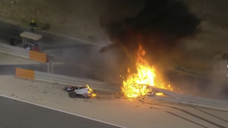 Haas F1 driver Romain Grosjean escapes a violent crash at the Bahrain GP