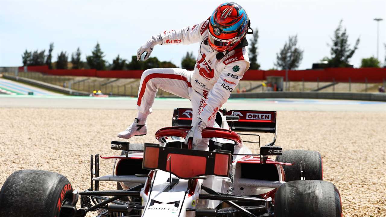 PORTIMAO, PORTUGAL - MAY 02: Kimi Raikkonen of Finland and Alfa Romeo Racing climbs out of his car after stopping in the gravel during the F1 Grand Prix of Portugal at Autodromo Internacional Do Algarve on May 02, 2021 in Portimao, Portugal. (Photo by Bryn Lennon/Getty Images)