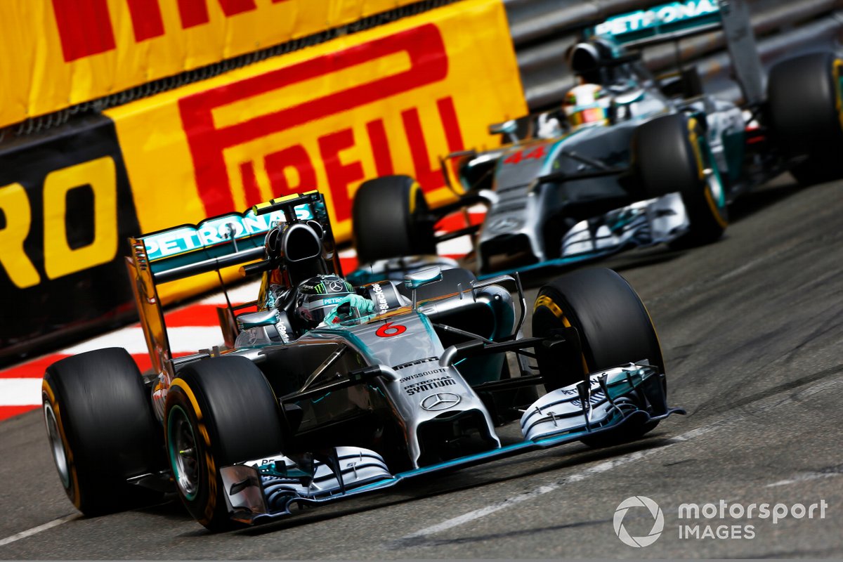 Nico Rosberg, Mercedes F1 W05 Hybrid, leads Lewis Hamilton, Mercedes F1 W05