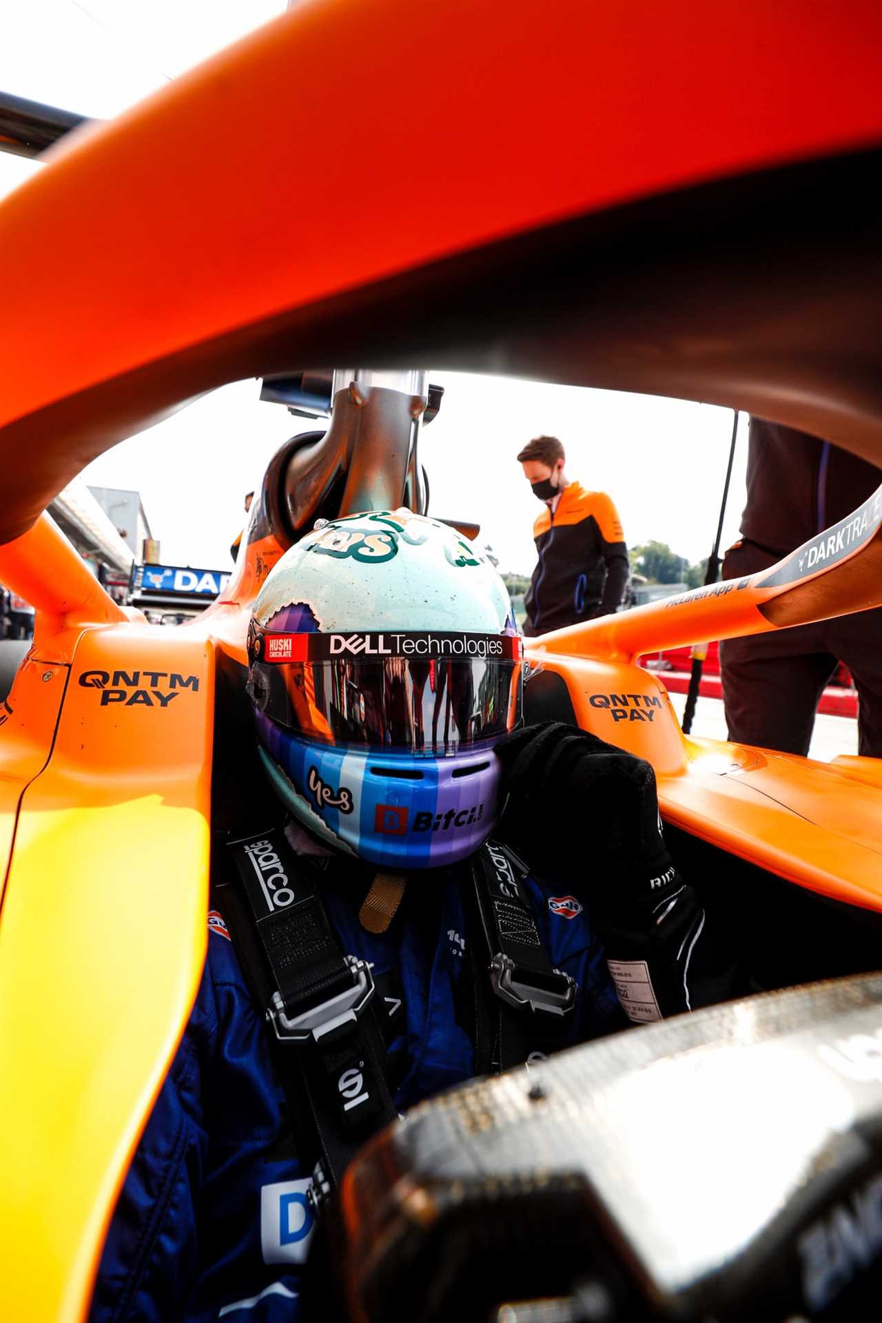 What the steering wheel looks at inside the cockpit.