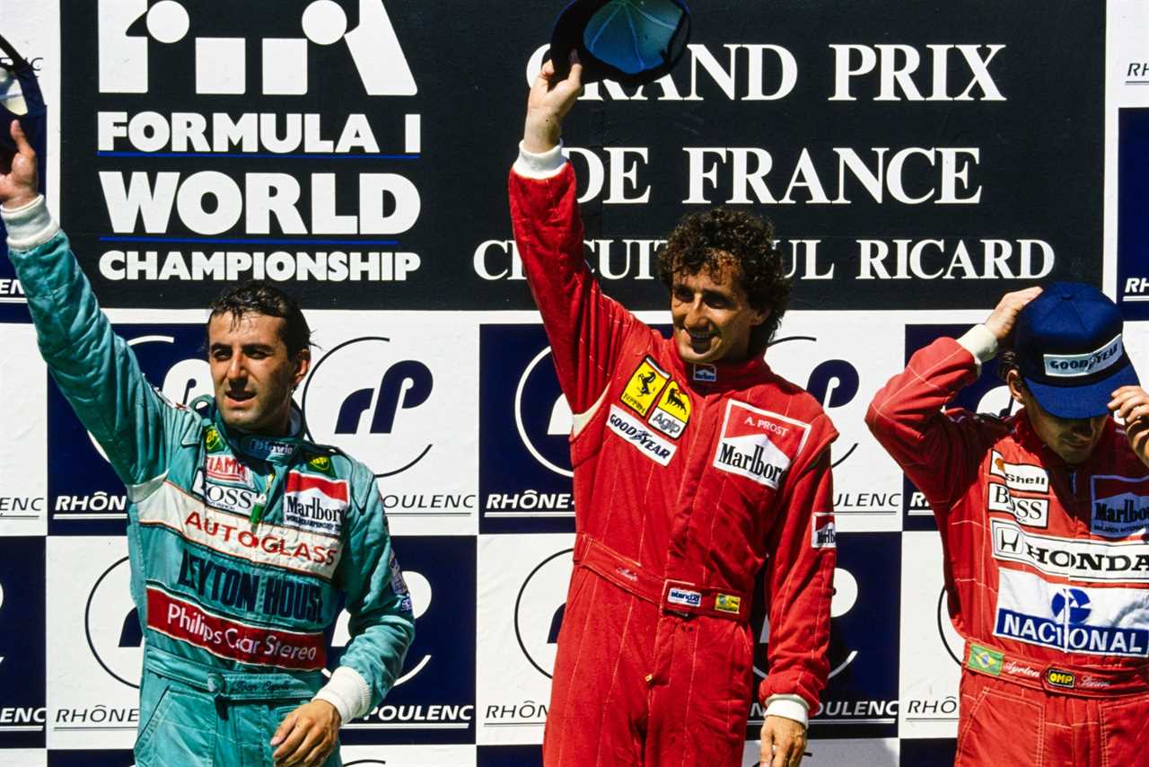 Capelli celebrates with Prost and Senna.  on the podium