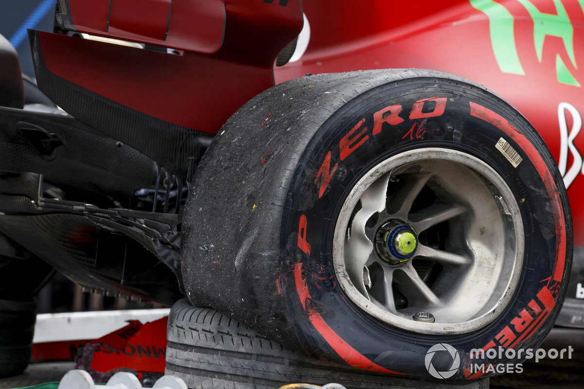 Charles Leclerc's damaged Ferrari SF21 car on a truck