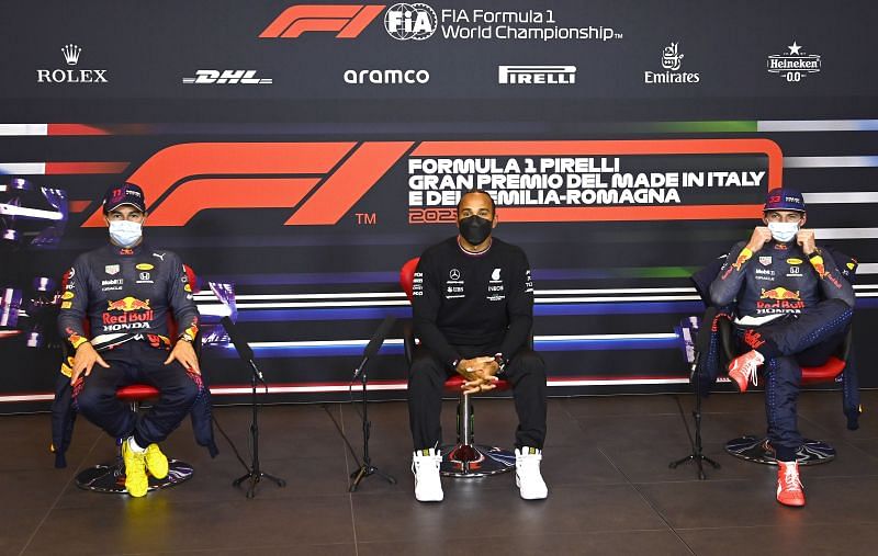 Imola GP pole-winner Lewis Hamilton, flanked by Sergio Perez (L) and Max Verstappen (R) (Photo by Mark Sutton - Pool/Getty Images)