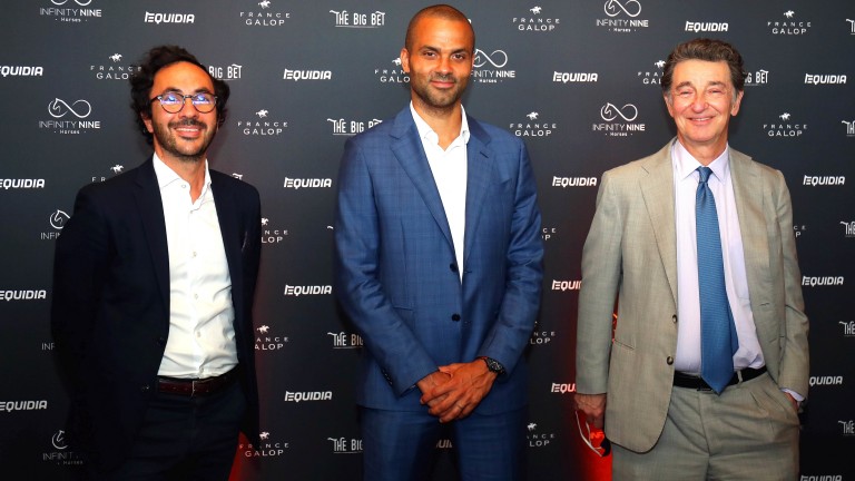 Former NBA star and now racehorse owner Tony Parker, flanked by Equidia General Manager Arnaud de Courcelles and France Galop President Edouard de Rothschild (right) at the press screening of The Big Bet