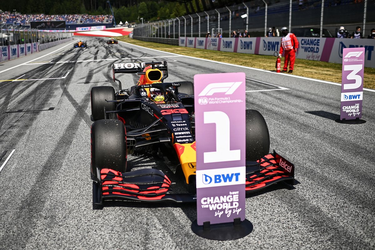 Pole man Max Verstappen, Red Bull Racing RB16B, arrives at Parc Ferme
