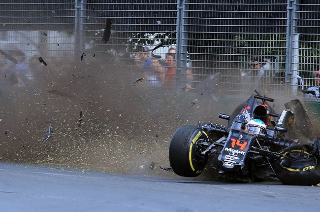 Fernando Alonso of McLaren crashes heavily during the 2016 Australian Formula 1 Grand Prix.