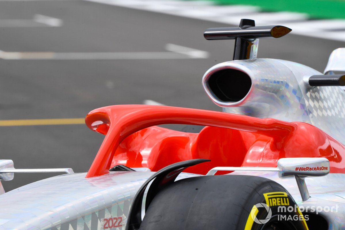 The start event of the Formula 1 car 2022 on the Silverstone starting field.  Halo and cockpit details