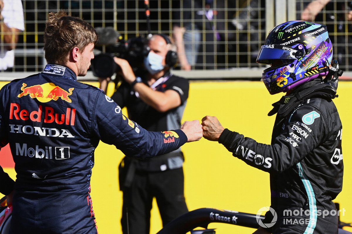 Max Verstappen, Red Bull Racing, 1st place, and Lewis Hamilton, Mercedes, 2nd place, each congratulate after the sprint qualifying