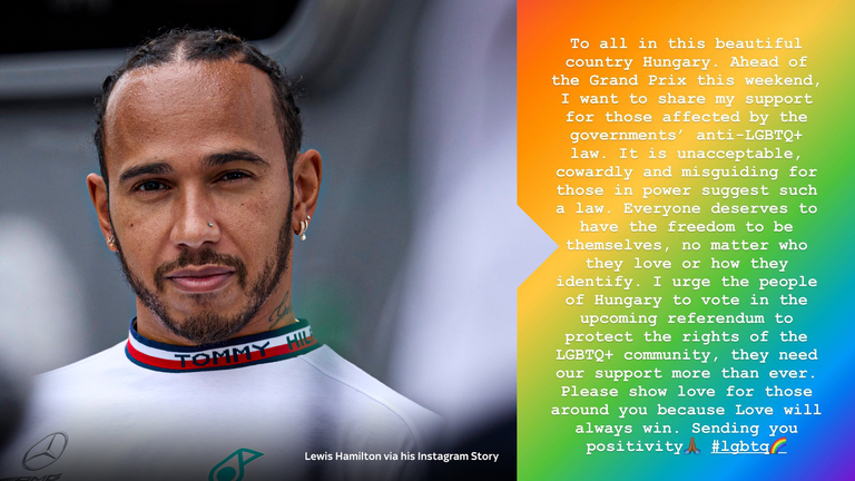 Lewis Hamilton supports Hungary’s LGBTQ + community in an Instagram post ahead of the Hungarian Grand Prix