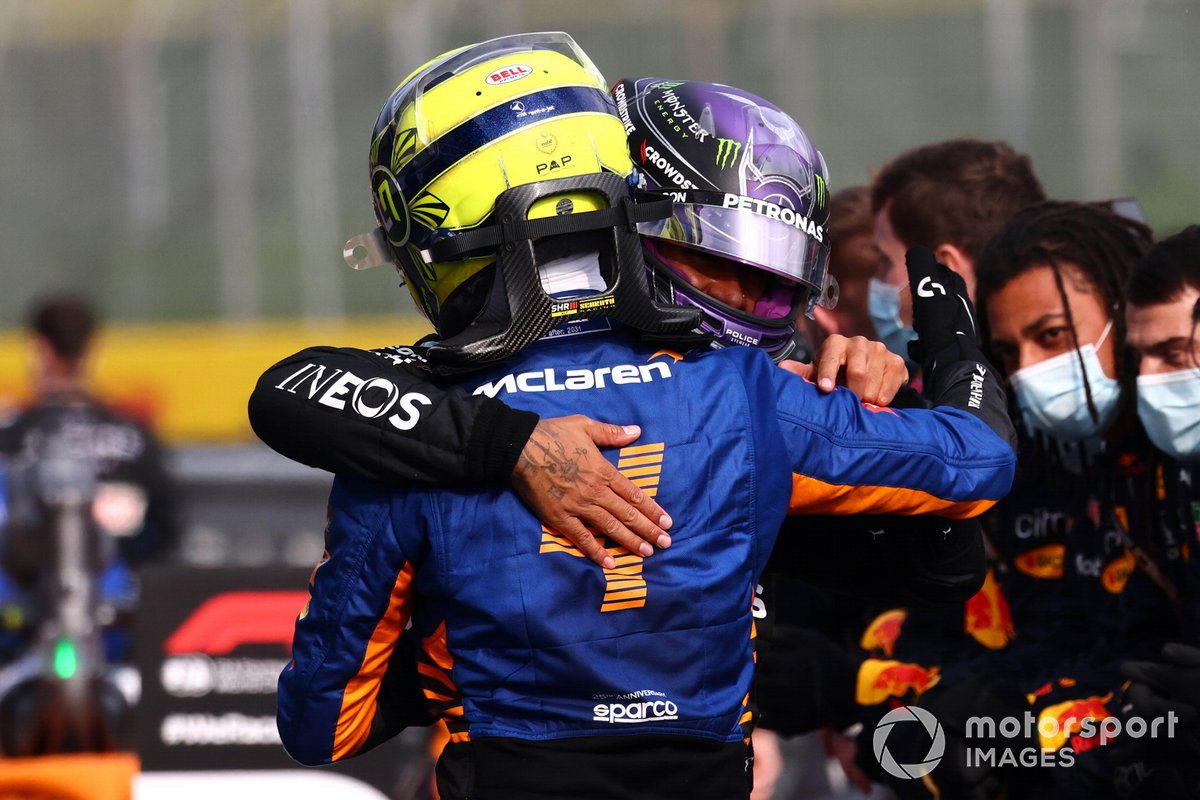 Lando Norris, McLaren, 3rd place, and Lewis Hamilton, Mercedes, 2nd place, congratulate each other after the race