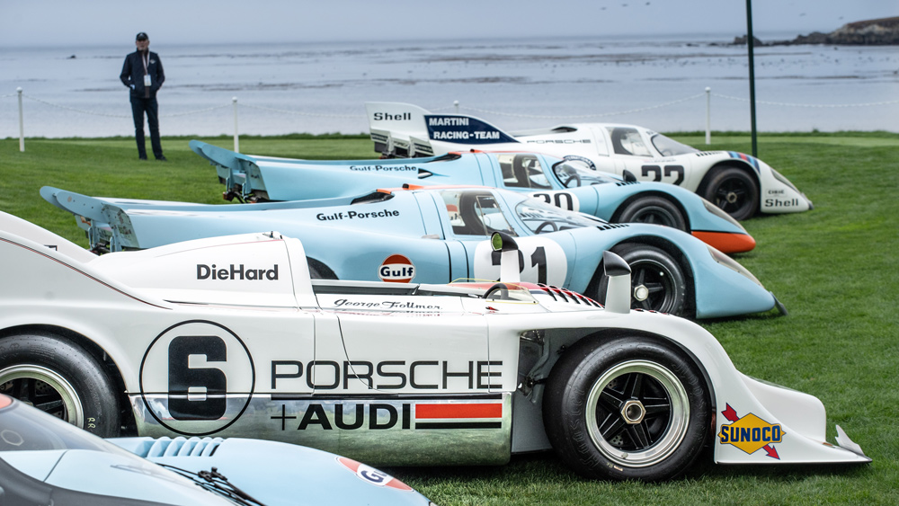 A collection of Porsche 917s at the 2021 edition of the Pebble Beach Concours d'Elegance.
