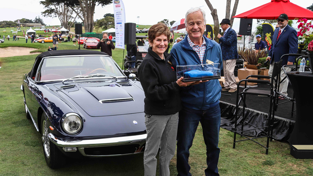 Bobbie and George Andreini earn Best of Show at the 2021 Concorso Italiano for their 1965 Maserati Mistral Spider.