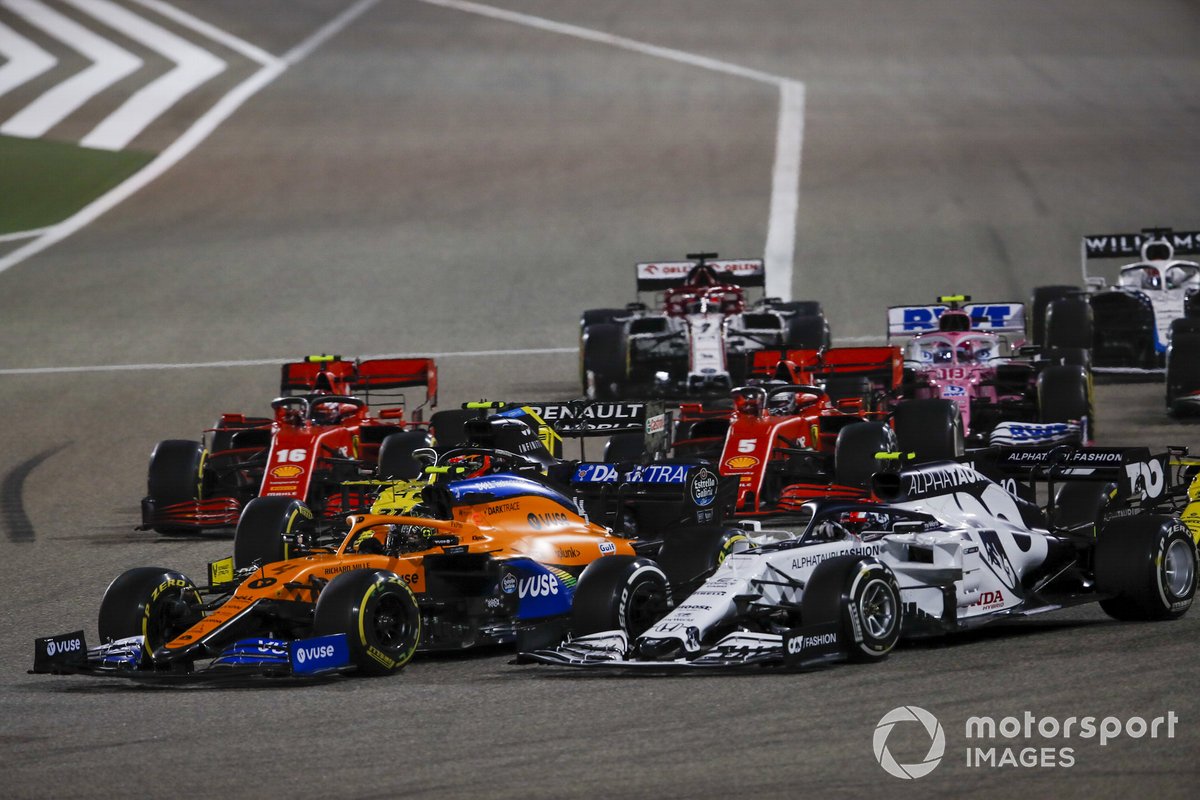 Lando Norris, McLaren MCL35, Pierre Gasly, AlphaTauri AT01, Sebastian Vettel, Ferrari SF1000, Charles Leclerc, Ferrari SF1000, Lance Stroll, Racing Point RP20 and Kimi Räikkönen, Alfa Romeo Racing C39, at the restart
