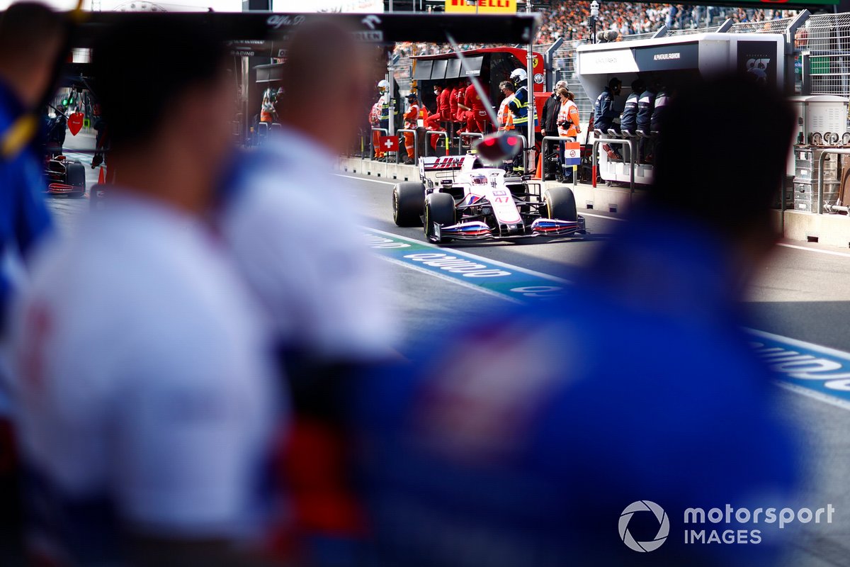 Mick Schumacher, Haas VF-21, in the pit lane