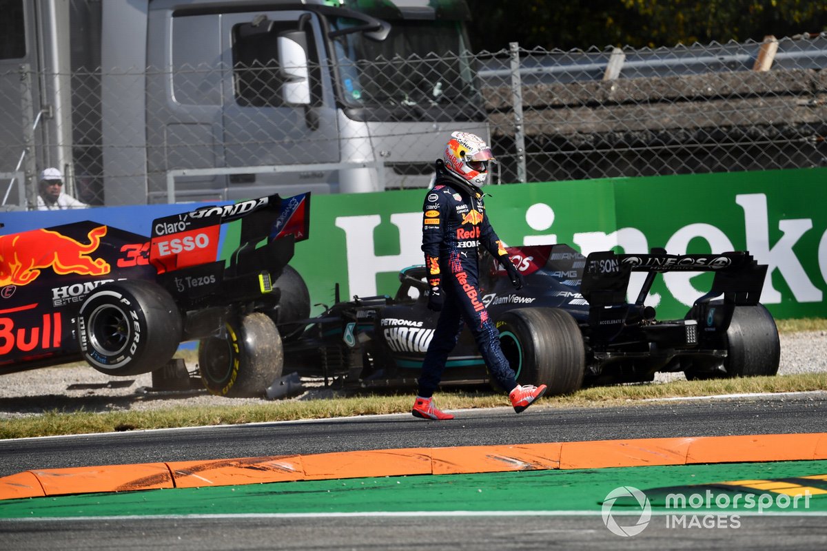 Max Verstappen, Red Bull Racing, walks away from his car after colliding with Lewis Hamilton, Mercedes W12
