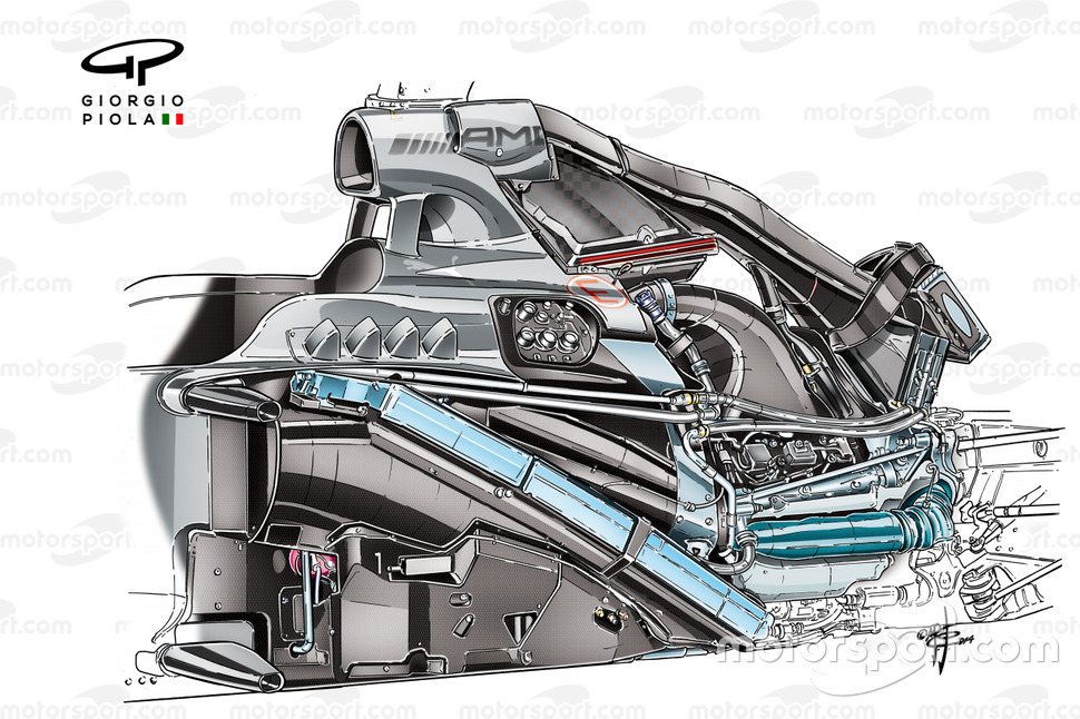 Mercedes W05 showing PU106 powerunit installation