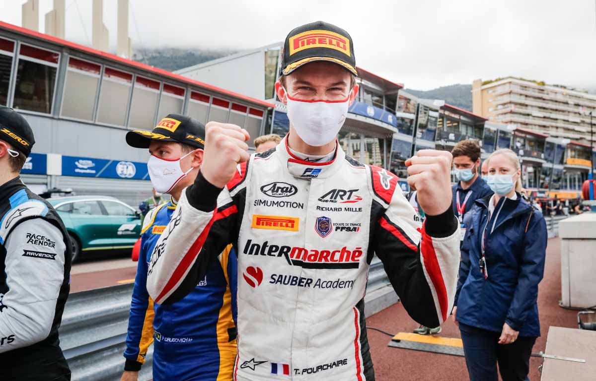 Theo Pourchaire celebrates victory in Monaco.  May 2021.