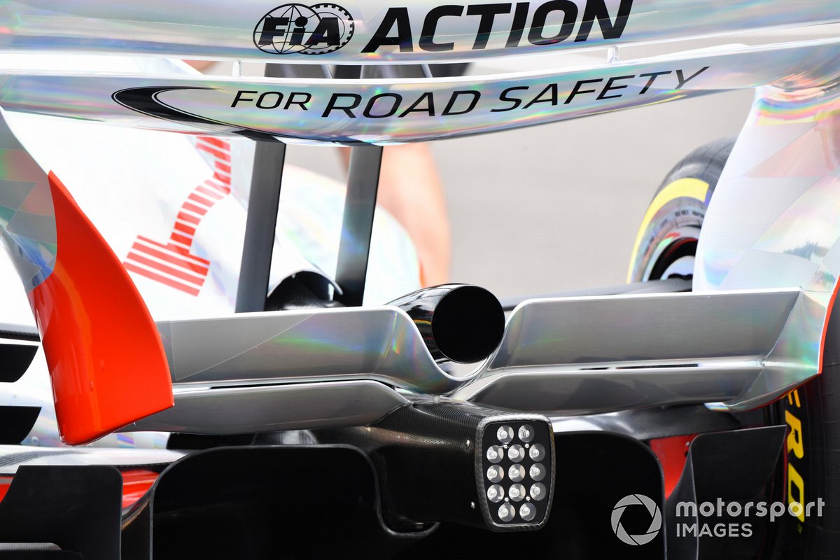 The start event of the Formula 1 car 2022 on the Silverstone starting field.  Rear wing and exhaust detail