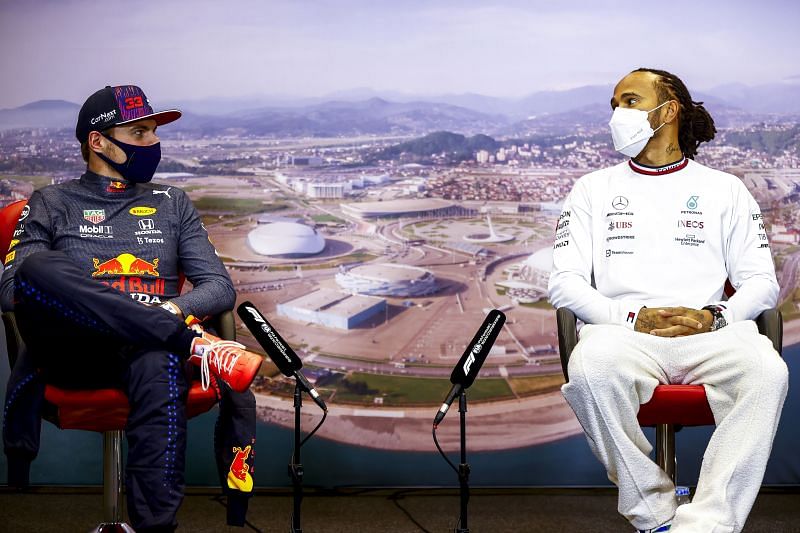 Lewis Hamilton and Max Verstappen in the press conference in Sochi, Russia. (Photo by Andy Hone - Pool/Getty Images)