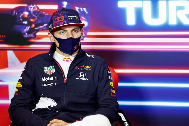 Second placed Max Verstappen of Red Bull Racing talks in the press conference after 2021 Turkish Grand Prix in Istanbul. (Photo by Andy Hone - Pool/Getty Images)