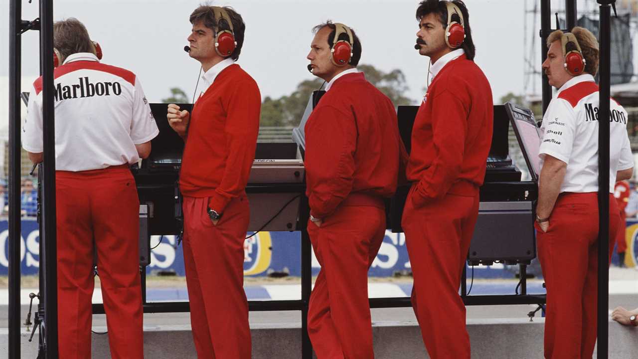 Team principle for Honda Marlboro McLaren Ron Dennis stands in between team designers Steve Nichols (L) and Gordon Murray (R)and Neil Oatley (far right) during the Foster
