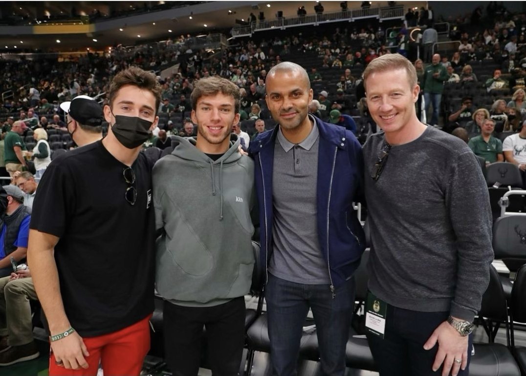 F1 stars Leclerc & Gasly sit court-side for Bucks-Net's NBA season opener with Spurs legend before the US GP