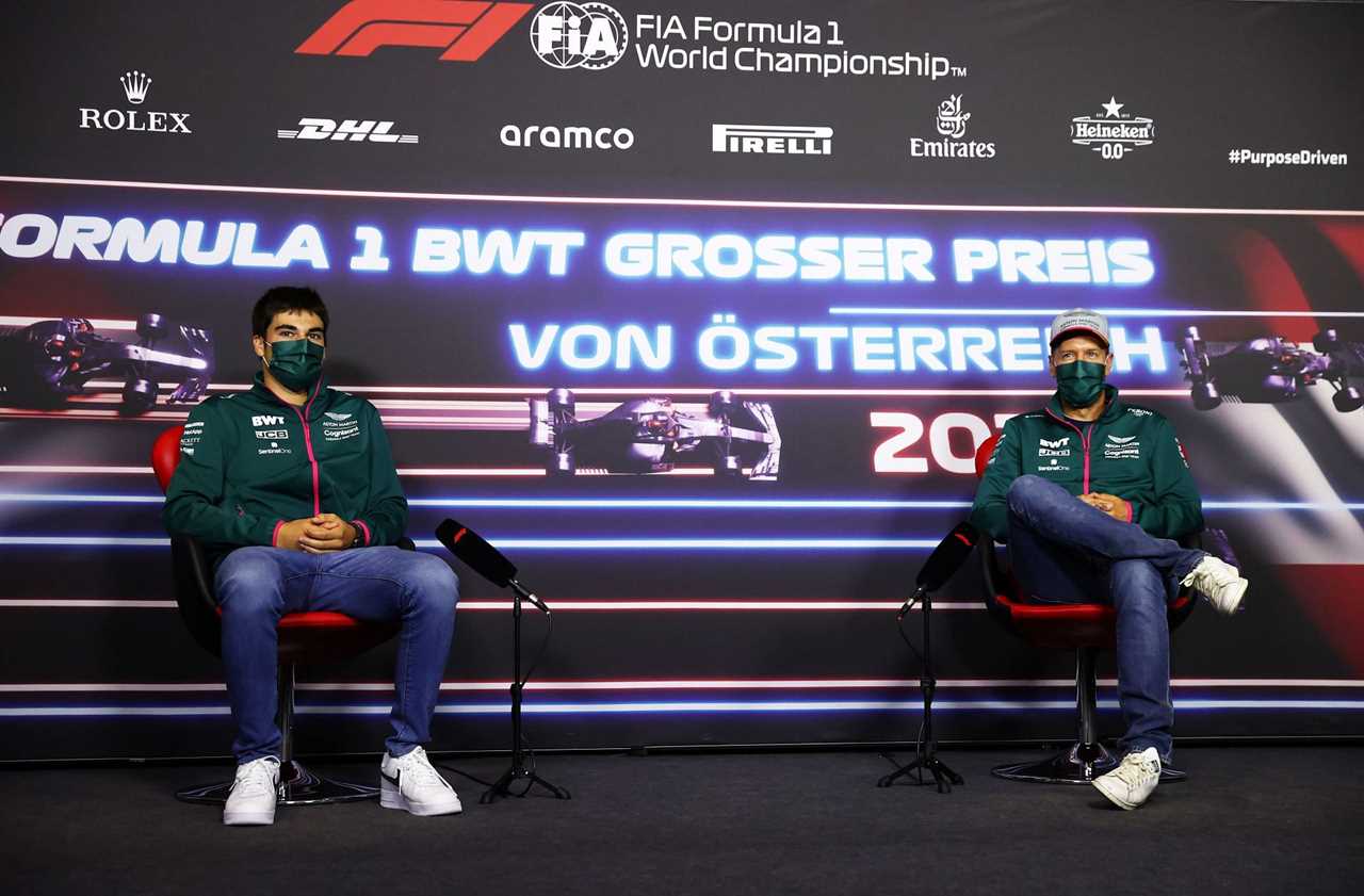 Aston Martin team drivers Lance Stroll and Sebastian Vettel in a Drivers' Press Conference (Photo by Clive Rose/Getty Images)