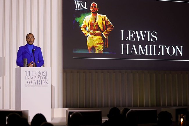 Lewis Hamilton accepts an award onstage during the WSJ. Magazine 2021 Innovator Awards sponsored by Samsung, Harry Winston, and ReÌmy Martin at MOMA on November 01, 2021 in New York City.