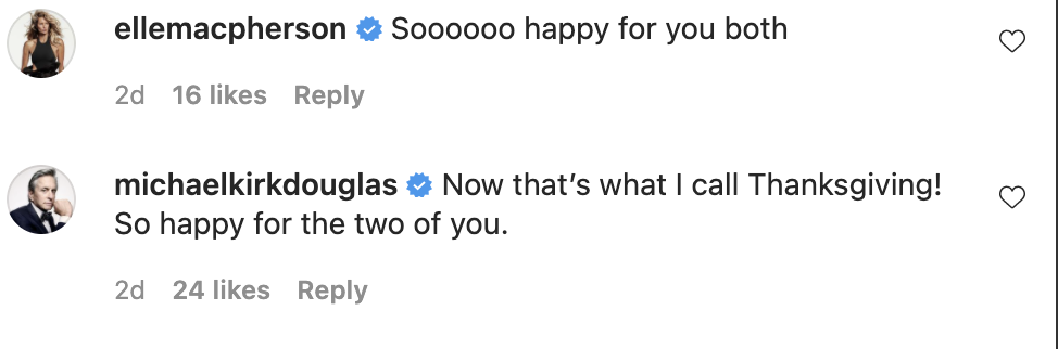 Elle Macpherson and Michael Douglas congratulate Scotty James and Chloe Stroll on their engagement. 