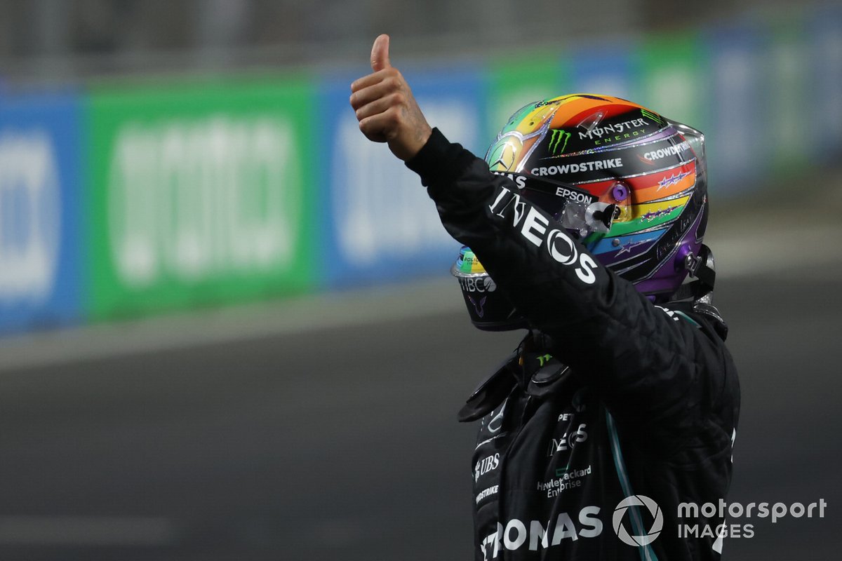 Lewis Hamilton, Mercedes, celebrates at Parc Ferme after securing pole