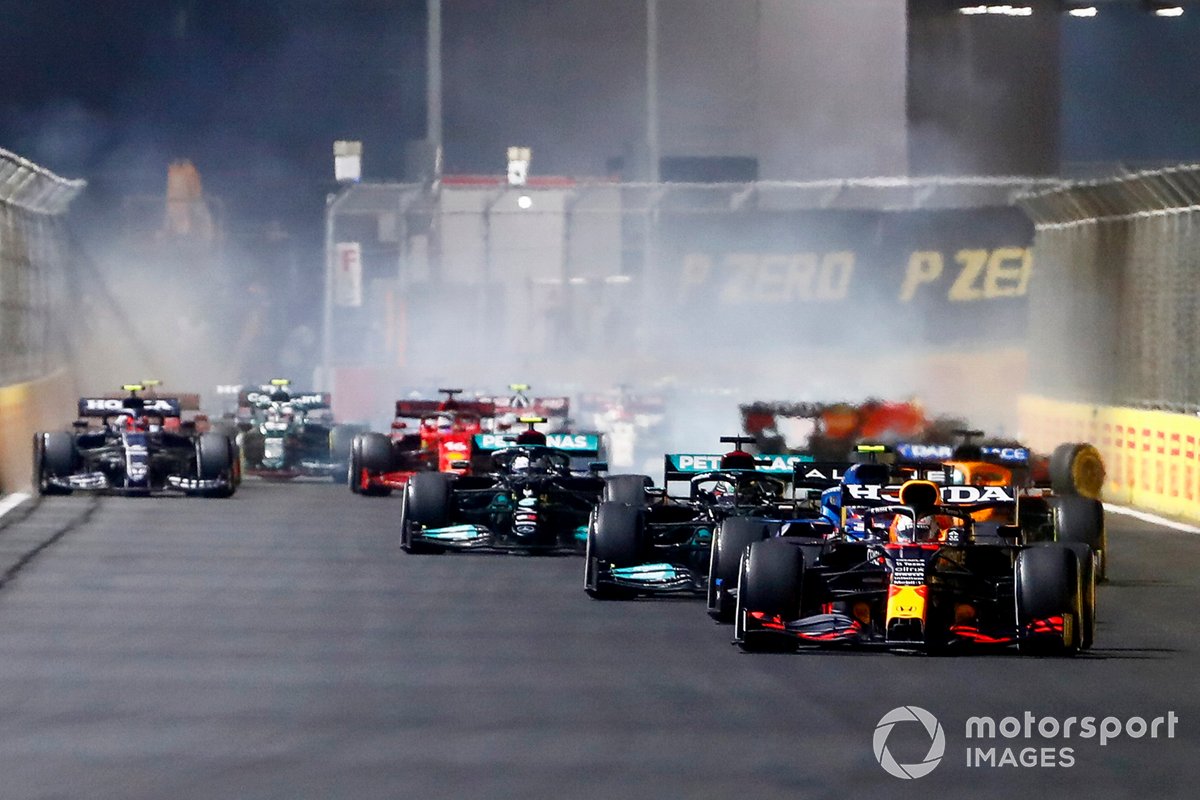 Perez's spin caused havoc in the pack behind him, leaving Mazepin nowhere to go but into the back of Russell