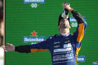 Ricciardo drinks from his shoe after winning the Italian Grand Prix in Monza in September.