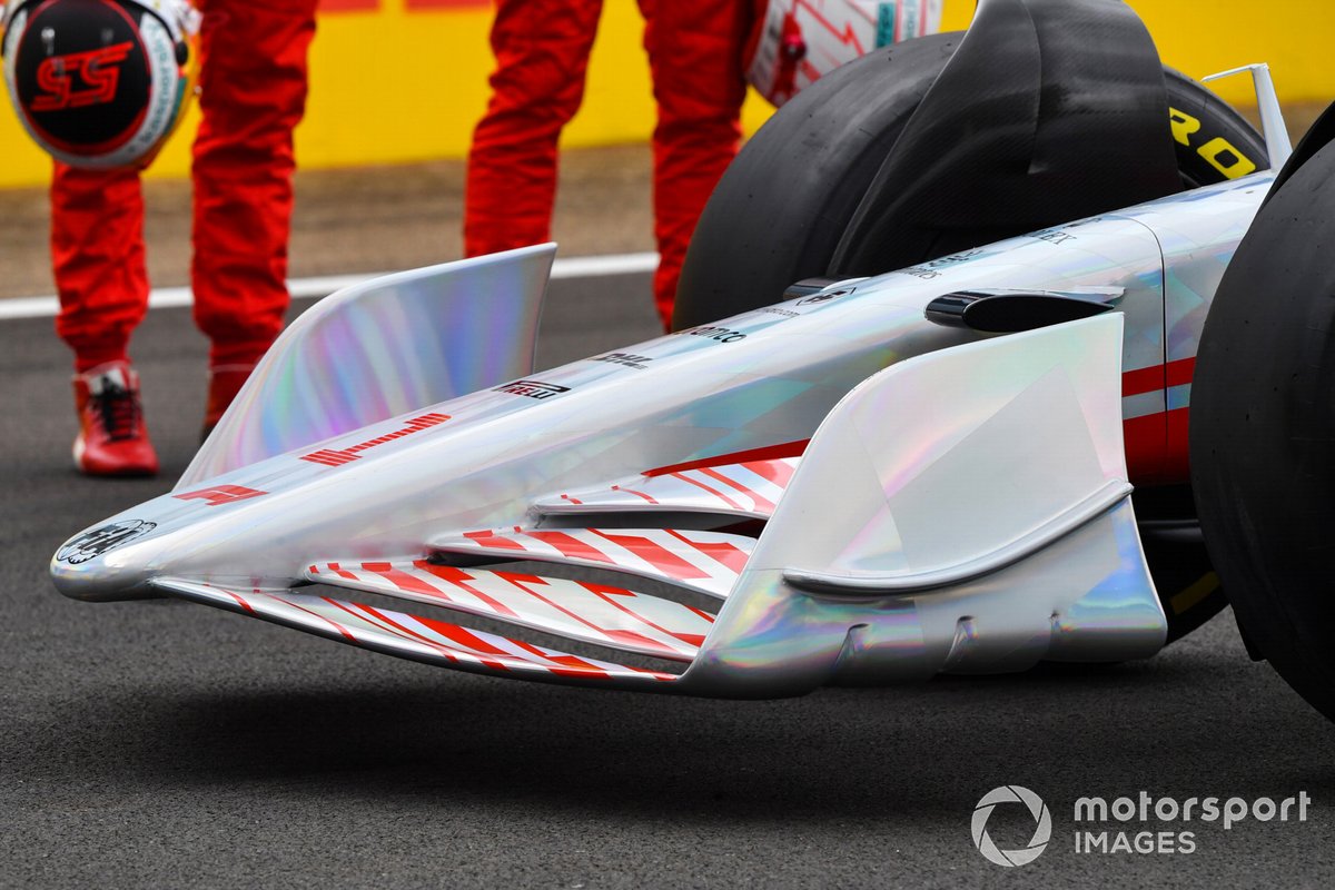 The 2022 Formula 1 car launch event on the Silverstone grid. Front wing detail