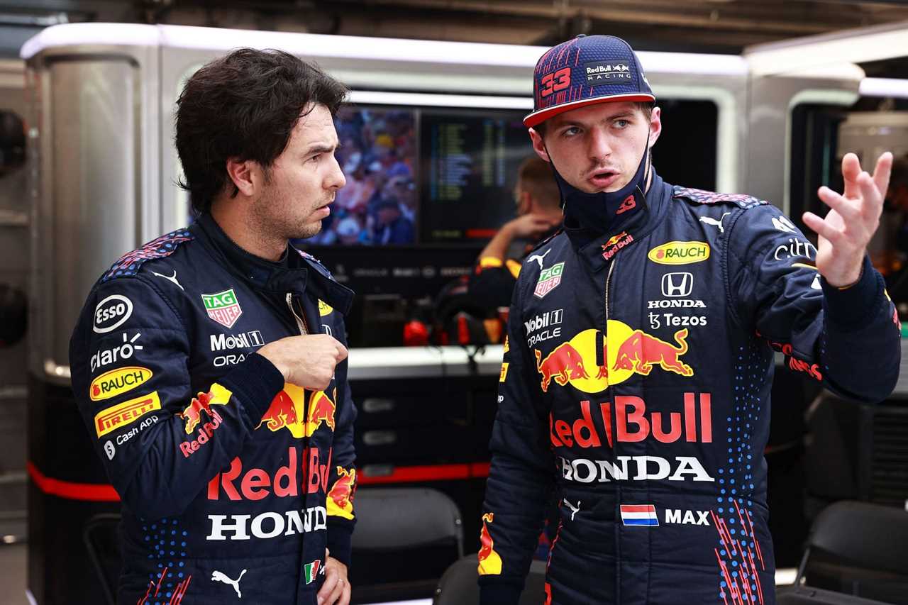 Sergio Perez (left) and Max Verstappen (right) poked fun at the penalty the latter received in Brazil for touching Lewis Hamilton's car