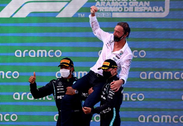 Sir Jim Ratcliffe joined Mercedes' 2021 drivers Lewis Hamilton and Valtteri Bottas on the podium at the Spanish Grand Prix