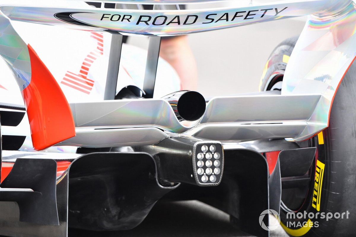 The 2022 Formula 1 car launch event on the Silverstone grid.  Diffuser and exhaust detail